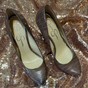 Jessica Simpson Dark Brown Croc-Embossed Pointed-Toe Pumps